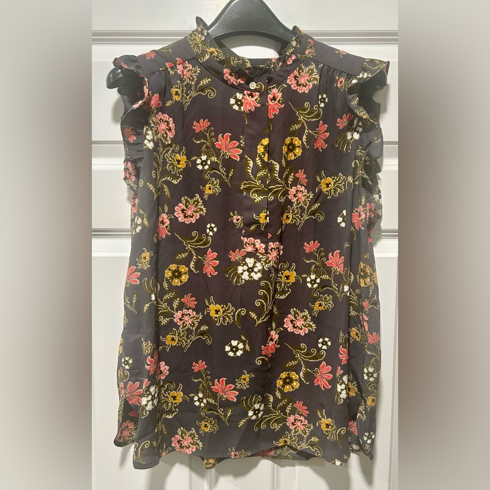 LOFT Black Floral Ruffle Blouse